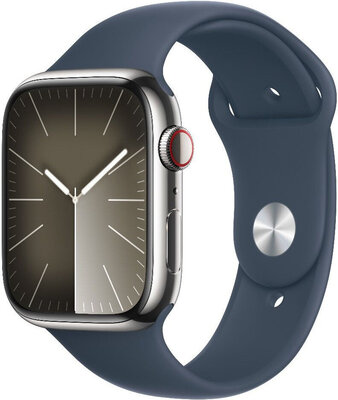 Apple Watch Series 9 GPS + Cellular 45mm Silver Stainless Steel Case / Storm Blue Sport Band - M/L